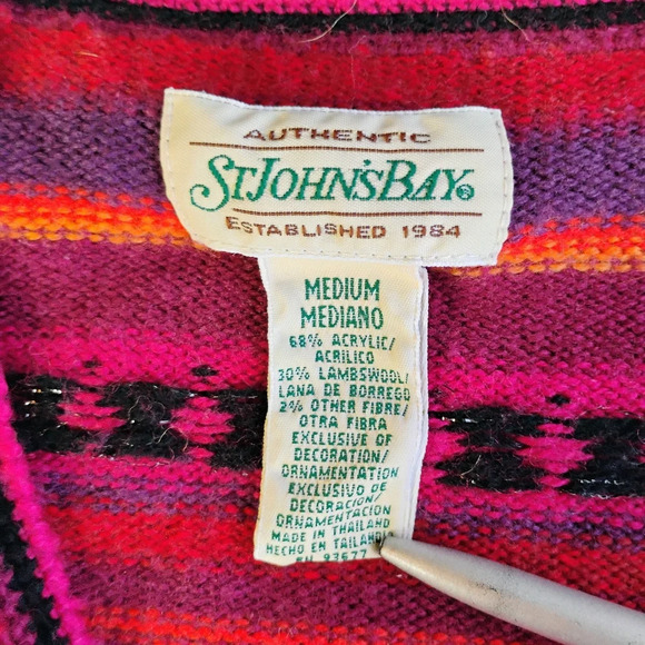 Vtg St John's Bay Y2K Cardigan Sweater Medium Sequin Striped Lambswool Aztec - Picture 6 of 11